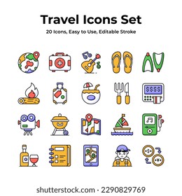 A versatile travel icons kit with a globe, camera, suitcase, and map, representing wanderlust, direction, memories, mobility, and adventure
