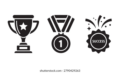 Versatile trophy award icon set with medal, star, badge, and number one symbols for victory and recognition themes. Perfect for advertising, sports branding, certificates, web design, and commercial promotional materials.