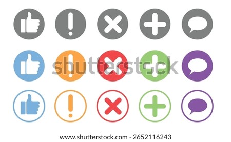 Versatile UI icon pack featuring five common symbols in three visual styles: solid, flat, and outlined. Perfect for apps, websites, and interface design elements.