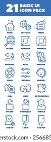 Versatile and Unique 21 line icons for User Interface, such as homepage, settings, menu, search, refresh, notifications, share, upload, download, log in out, and more. Perfect for broad type of UI.