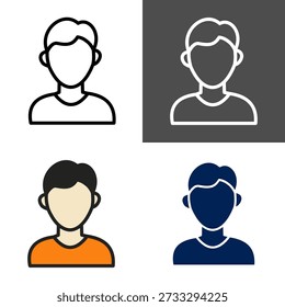 Versatile User Profile Icon Set – Outline, Dark, Flat Color, and Solid Styles. A comprehensive collection of four distinct user profile icons, each crafted in a unique visual style: minimalist outline, sleek dark silhouette, vibrant flat color cartoon, and bold solid fill. This set offers flexible design options suitable for a wide range of applications, from professional interfaces to casual platforms. Perfect for user avatars, profile placeholders, and UI components across web and mobile environments.