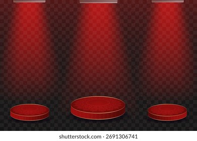 Versatile vector background template for luxury product display festive event Three red gold circular pedestals illuminated by dramatic red spotlights. Dark background has subtle checkered texture.