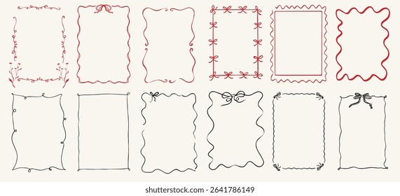 A versatile vector big set of hand-drawn decorative frames and borders, with bows perfect for adding a charming and personalized touch to various design projects. Featuring a range of styles from simp