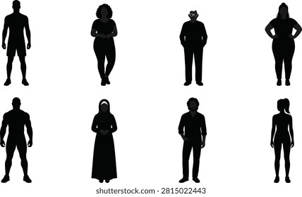 A versatile vector collection of black silhouettes featuring a diverse group of men and women with varying body types, ages, and cultural backgrounds. This illustration set is ideal for commercial projects highlighting inclusivity, community, and societal diversity.A versatile vector collection of black silhouettes featuring a diverse group of men and women with varying body types, ages, and cultural backgrounds. This illustration set is ideal for commercial projects highlighting inclusivity, community, and societal diversity.