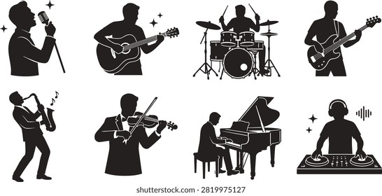A versatile vector collection of black silhouettes featuring male musicians playing various instruments, including guitar, piano, drums, and saxophone. These isolated icons are ideal for concert posters, music event promotions, and entertainment design projects.