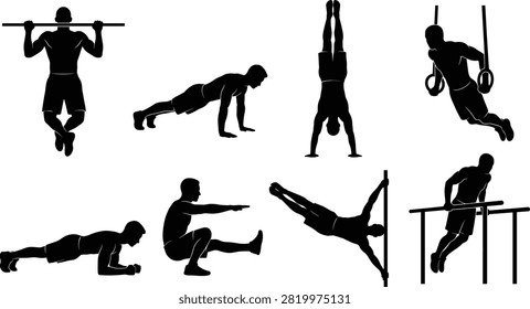 A versatile vector collection of black silhouettes featuring men performing calisthenics and bodyweight exercises, including pull-ups, push-ups, and handstands. These isolated workout icons are perfect for fitness gym branding, sports training programs, and athletic graphic design projects.