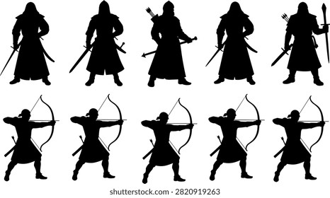 A versatile vector collection of black silhouettes featuring medieval swordsmen and aiming archers in active combat stances. This graphics set is perfect for historical illustrations, fantasy game character assets, role-playing designs, and thematic branding.