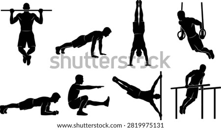 A versatile vector collection of black silhouettes featuring men performing calisthenics and bodyweight exercises, including pull-ups, push-ups, and handstands. These isolated workout icons are perfect for fitness gym branding, sports training programs, and athletic graphic design projects.