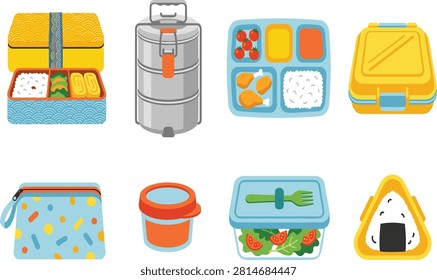 A versatile vector collection of colorful lunch boxes, including traditional Japanese bento, stainless steel tiffins, and modern meal prep containers. This flat illustration set is ideal for back-to-school designs, healthy eating blogs, and food storage commercial projects.