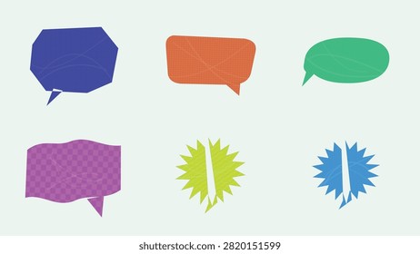A versatile vector collection of colorful textured speech bubbles and dynamic starburst frames. Features geometric dark blue and orange chat frames, a green oval speech bubble, a purple banner-style bubble, and vibrant yellow and light blue starburst shapes. Perfect for comic design, sales banners, social media marketing, web UI graphics, and creative labels.

#SpeechBubble #StarburstVector #VectorArt #GraphicDesign #ComicBubbles #TextFrame #ChatBox #DesignElements #CreativeVector #DialogBox #Illustration #WebDesign #BannerDesign #SocialMediaGraphics #VectorGraphics