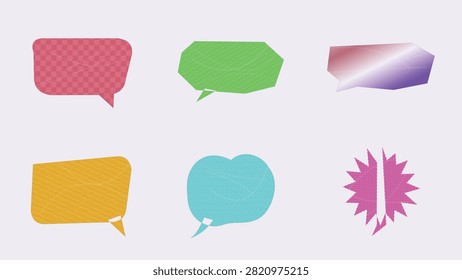 A versatile vector collection of colorful, textured speech bubbles featuring spiky starbursts, rounded rectangles, polygon shapes, cloud-like callouts, and gradient speech frames. Perfect for comic books, social media graphics, chat app UI UX, quote containers, stickers, and banners.

#SpeechBubbles #VectorDesign #GraphicAssets #ComicCallouts #DialogueBoxes #ChatUI #CreativeGraphics #DesignElements #VectorGraphics #Illustration