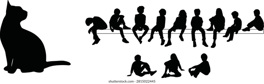 A versatile vector collection containing black silhouettes of a domestic cat and a diverse group of children sitting on a ledge and the ground. This graphic set is perfect for childhood concepts, educational materials, and pet-themed design projects.A versatile vector collection containing black silhouettes of a domestic cat and a diverse group of children sitting on a ledge and the ground. This graphic set is perfect for childhood concepts, educational materials, and pet-themed design projects.