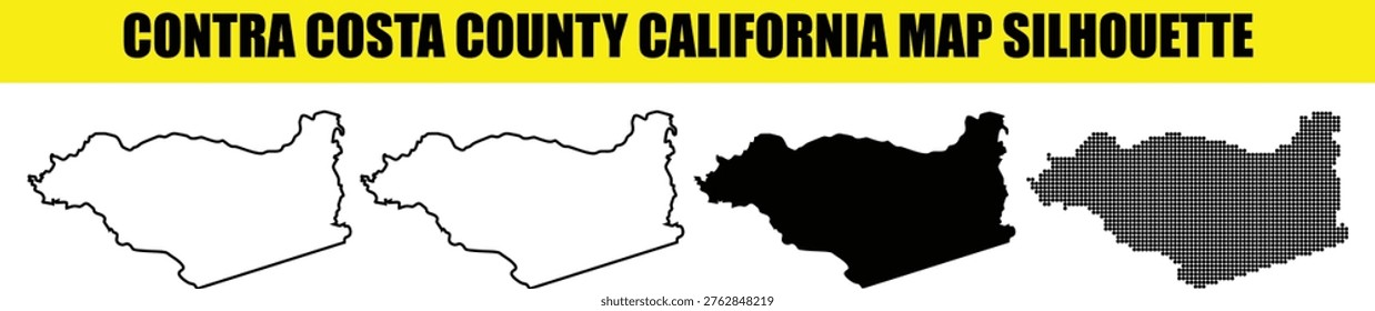 Versatile vector collection of contra costa county california map silhouettes depicting regional borders through four different styles for cartography layout design and educational purposes.