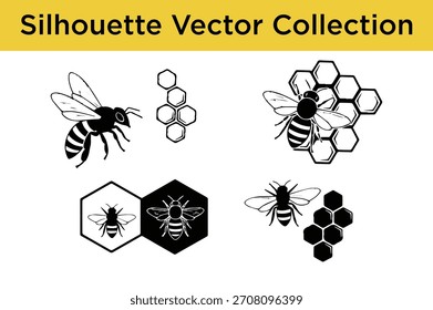Eine vielseitige Vektorsammlung detaillierter Honigbienen und sechseckiger Wabensilhouetten, perfekt für Natur-, Bienenzucht- und Designprojekte.