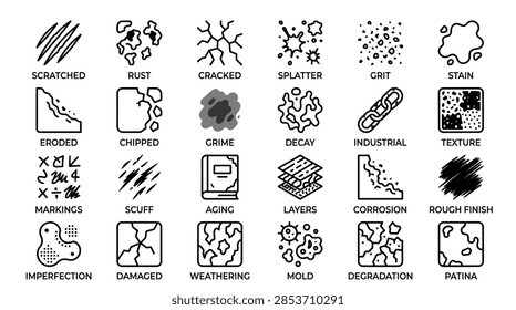 Versatile vector collection featuring industrial texture wear and material degradation icons including corrosion rust scuff aging markings and patina effects perfect for realistic product detailing and high quality graphic design projects.