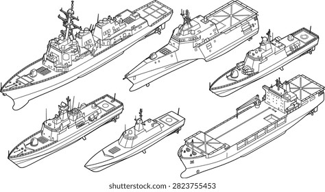 A versatile vector collection of modern naval warships, stealth ships, and military transport vessels in a clean isometric line art style. This detailed black and white fleet illustration is perfect for defense infographics, maritime design projects, technical blueprints, and tactical game assets.