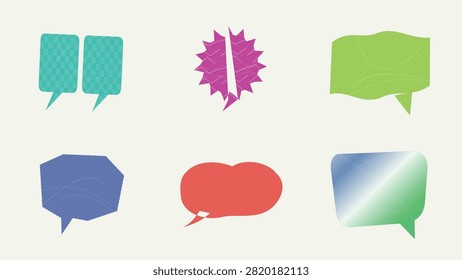 A versatile vector collection of textured paper-style speech bubbles and message frames. Features double cyan checkered chat boxes, a magenta starburst explosion bubble, a wavy green dialog frame, a blue geometric bubble, a red double-oval speech bubble, and a smooth gradient glass-style frame. Perfect for comics, social media graphics, web banners, promotional sales tags, and creative design layouts.

#SpeechBubble #VectorArt #GraphicDesign #ComicBubbles #TextFrame #ChatBox #DesignElements #CreativeVector #DialogBox #Illustration #WebDesign #BannerDesign #SocialMediaGraphics #PaperCutDesign #VectorGraphics