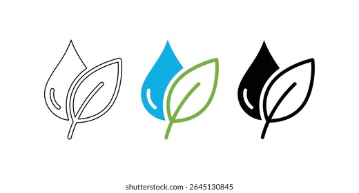 A versatile vector EPS featuring water drop and leaf icons in various styles, perfect for themes of nature, sustainability, and eco friendly concepts.