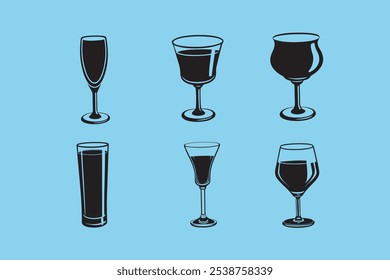 Un archivo de Vector versátil con siluetas de vasos de beber, ideal para productos digitales y Diseño gráfico. Perfecto para crear gráficos, menús y marcas con temas de bebidas.