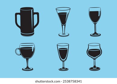 Un archivo de Vector versátil con siluetas de vasos de beber, ideal para productos digitales y Diseño gráfico. Perfecto para crear gráficos, menús y marcas con temas de bebidas.