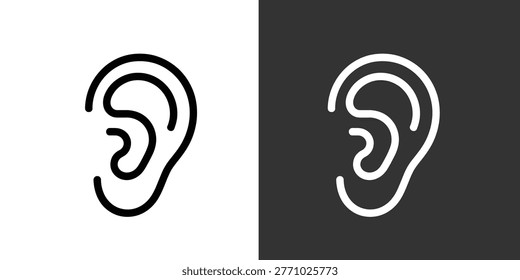 A versatile vector graphic featuring a stylized human ear icon in black on white and white on dark gray backgrounds, ideal for auditory, hearing, or listening concepts