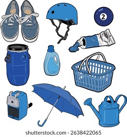 A versatile vector icon set of blue-colored everyday items. This collection is perfect for infographics, UI design, educational visuals, or creative projects with a color-themed aesthetic.