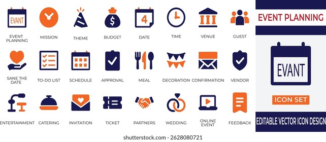 A versatile vector icon set designed for event planning and management, covering themes such as scheduling, venue, catering, invitations, entertainment, budgeting, and feedback.