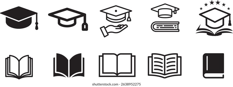 A versatile vector icon set for education, featuring graduation caps and books. Perfect for academic institutions, online learning, and school projects, these icons are available in both.