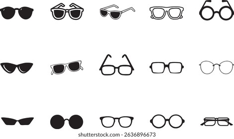 A versatile vector icon set featuring various styles of sunglasses and eyeglasses. Includes round, square, cat-eye, aviator, and modern fashion glasses in both outline and solid designs.