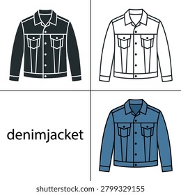 Versatile vector icon set featuring casual denim jacket designs in solid black and blue line art style.