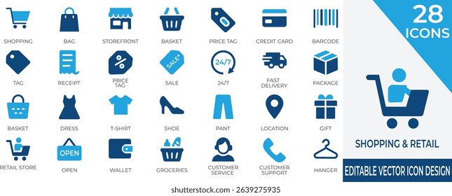 A versatile vector icon set illustrating modern shopping and retail essentials. Includes symbols for online stores, delivery, fashion items, and customer service.