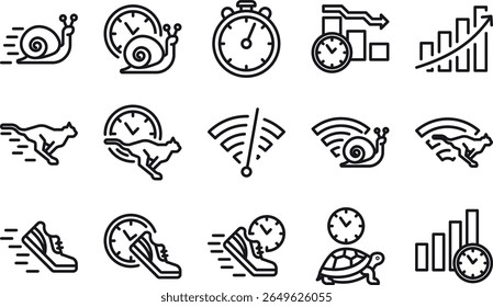 A versatile vector icon set on speed, time, delivery, and performance. Features snails, clocks, stopwatches, cheetahs, and growth charts. Ideal for logistics, deadlines, efficiency, progress tracking,