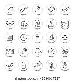 Versatile vector icon set for package medical design. Icon set is ideal for health projects, wellness and others. Editable stroke icons. EPS10.