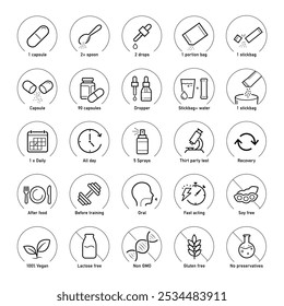 Versatile vector icon set for package medical design. Icon set is ideal for health projects, wellness and others. Editable stroke icons. EPS10.