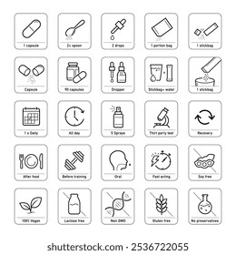 Versatile vector icon set for package medical design. Icon set is ideal for health projects, wellness and others. Editable stroke icons. EPS10.