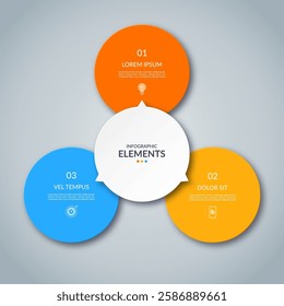 Versatile vector infographic template featuring a central white circle connected to three colorful circles designed to place a text, icons, images. Customizable design enhances clarity and engagement.