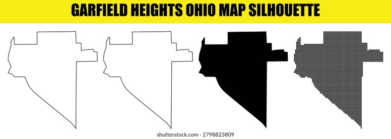 Versatile vector pack showing Garfield Heights Ohio municipal boundaries. Contains solid black silhouette, white fill, thin outline, and textured halftone dot patterns. Suitable for diverse design tasks.