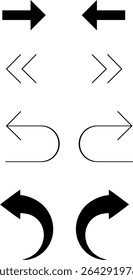  A versatile vector set of black arrow icons for web design elements, including direction pointers, play, next, and up buttons