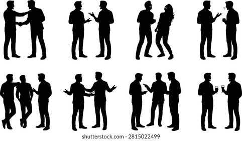 A versatile vector set of black silhouettes depicting men and women engaged in various social and business interactions. This collection features people talking, laughing, sharing drinks, and networking, making it perfect for corporate communication, teamwork concepts, or lifestyle designs.A versatile vector set of black silhouettes depicting men and women engaged in various social and business interactions. This collection features people talking, laughing, sharing drinks, and networking, making it perfect for corporate communication, teamwork concepts, or lifestyle designs.