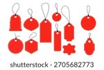 versatile vector set of blank red tags in various shapes with strings. These hanging labels for retail pricing, sales promotions, holiday gifts, and product branding.