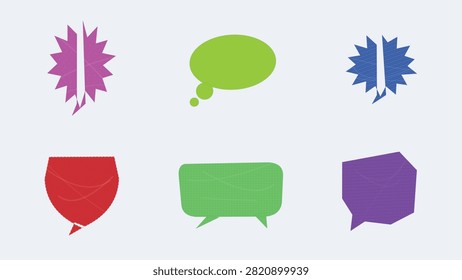 A versatile vector set of colorful speech bubbles featuring spiky starburst callouts, thought bubble ovals, shield-shaped dialogue boxes, rounded rectangles, and polygon frames. Perfect for comic book art, social media posts, messaging app UI UX, quote containers, stickers, and marketing banners.

#SpeechBubbles #ThoughtBubbles #VectorDesign #GraphicAssets #ComicCallouts #DialogueBoxes #ChatUI #CreativeGraphics #DesignElements #VectorGraphics
