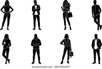 A versatile vector set featuring black silhouettes of diverse young men and women in modern casual attire. These stylish full-body figures are perfect for architectural entourage, fashion illustrations, and lifestyle design projects.A versatile vector set featuring black silhouettes of diverse young men and women in modern casual attire. These stylish full-body figures are perfect for architectural entourage, fashion illustrations, and lifestyle design projects.
