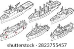 A versatile vector set featuring isometric line art illustrations of various marine vessels, including a hospital ship, cargo transports, and patrol boats. This detailed maritime collection is ideal for naval infographics, transportation design projects, and marine logistics concepts.