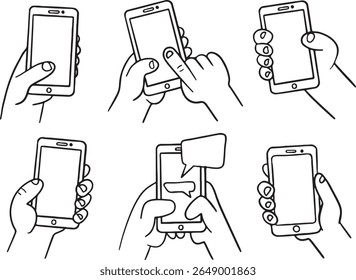 Vetor versátil conjunto com várias mãos segurando e interagindo com smartphones. Ideal para ilustrar conceitos de uso de tecnologia móvel, comunicação, mídia social, aplicativos e estilo de vida digital. 