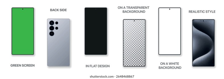 Versatile vector set of smartphones illustrated in multiple styles: with green screen, back view, transparent background, flat design, white screen, and realistic rendering