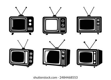 Versatile vector silhouettes of classic CRT televisions. Perfect for retro-themed designs, tech history infographics, and vintage-inspired media projects.