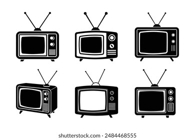 Versatile vector silhouettes of classic CRT televisions. Perfect for retro-themed designs, tech history infographics, and vintage-inspired media projects.