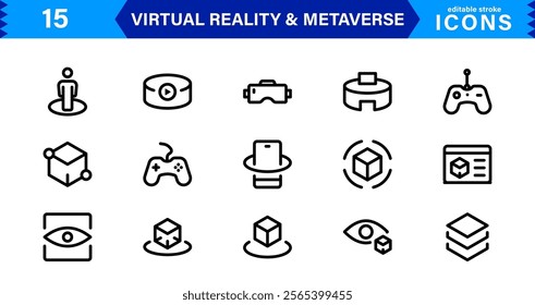 Versatile VR and Metaverse Icons. Line Art Graphics for Augmented Reality, Virtual Worlds, and Digital Interaction