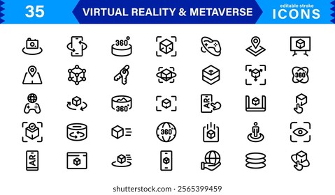 Versatile VR and Metaverse Icons. Line Art Graphics for Augmented Reality, Virtual Worlds, and Digital Interaction