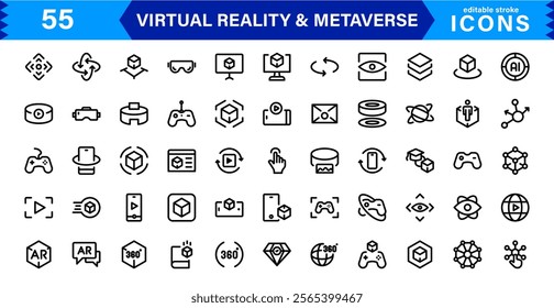 Versatile VR and Metaverse Icons. Line Art Graphics for Augmented Reality, Virtual Worlds, and Digital Interaction